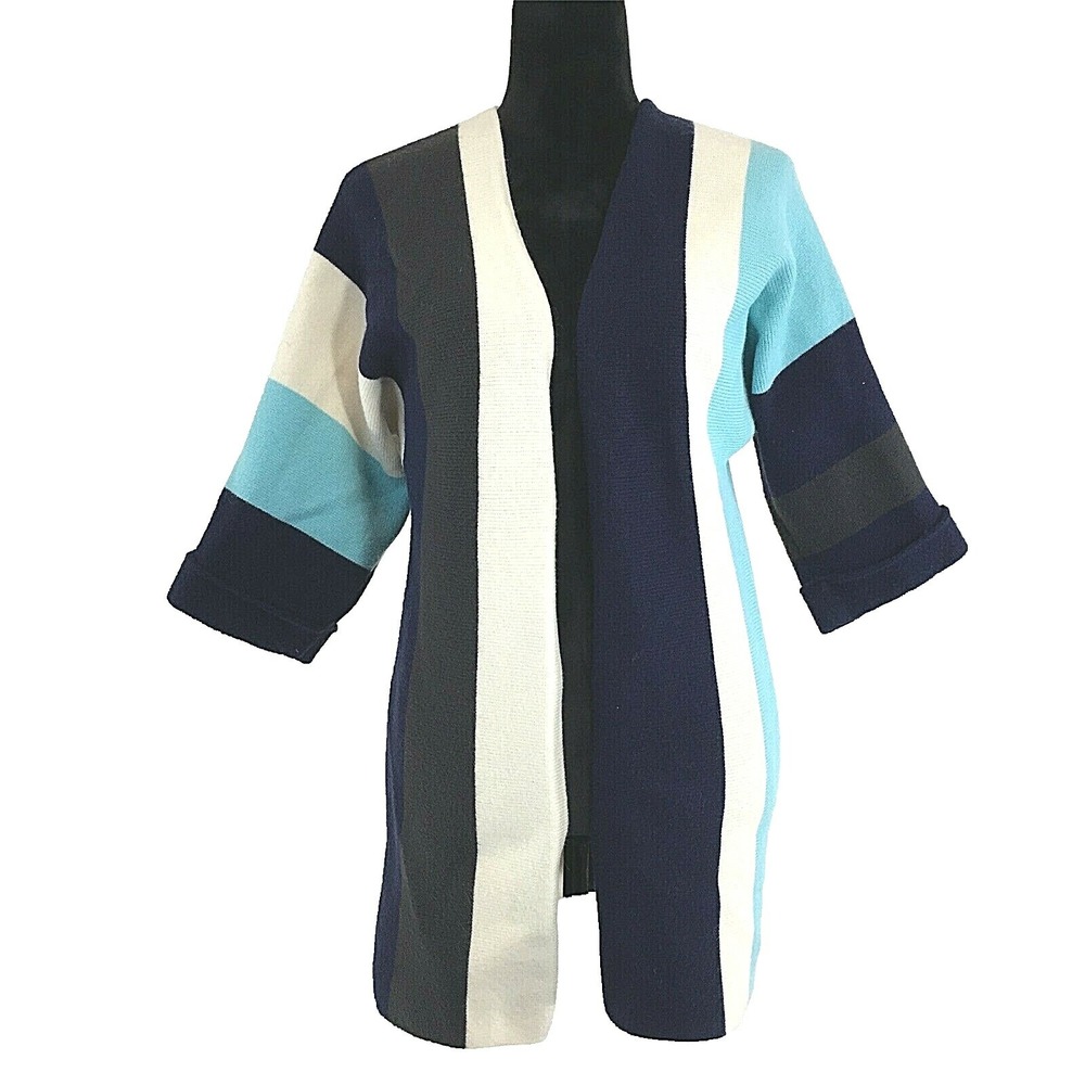 Goodnight‎ Macaroon Cardigan SMALL Cream Gray Blue Stripe Sweater Jacket Long